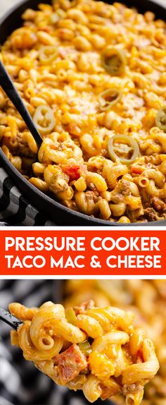 pressure cooker taco mac and cheese is being lifted from the casserole dish