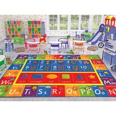 a child's play room with colorful rugs and toys