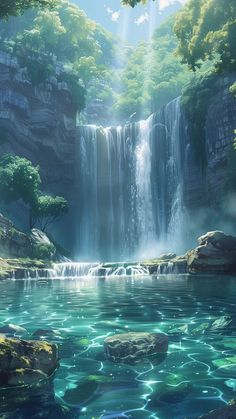 a waterfall in the middle of a forest filled with trees and rocks next to a body of water