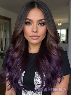 Dark Brown With Purple Hair, Purple Balayage On Brown Hair, Purple Hair Tips Brown, Brown Hair With Black Tips, Chinese Hair Color, Purple And Dark Brown Hair, Brown Blue Ombre Hair, Purple Hair Ends, Purple Tinted Brown Hair