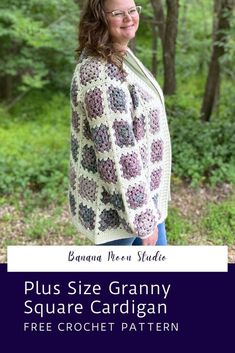 a woman standing in front of trees wearing a granny granny square cardigan