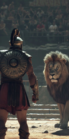 a lion and a man in costume standing next to each other