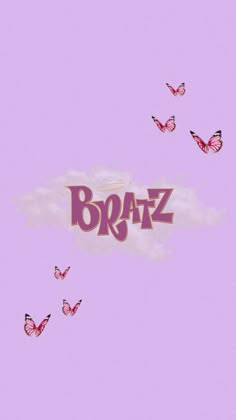 the word braz is surrounded by butterflies in purple and pink colors on a pale lila background