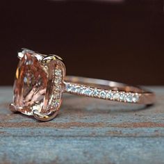 Solitaire Morganite Engagement Ring - 9x11mm Rectangular Cushion "Beverly" Ring by Laurie Sarah - LS Square Cut Wedding Diamond Ring With Accent Stones, Square Cut Rings With Accent Stones For Wedding, Radiant Cut Morganite Wedding Jewelry, Morganite Ring With Diamond Accents, Dazzling Diamond Ring With Gemstone Accents For Wedding, Cushion Cut Morganite Jewelry With Center Stone, Exquisite Rectangular Wedding Rings, Radiant Cut Morganite Rings For Anniversary, Square Cut Jewelry With Accent Stones For Wedding