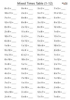 printable worksheet for the mixed times table