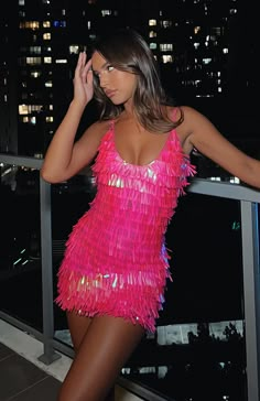 Pink Sequin Homecoming Dress, Easter Homecoming Dress, Hot Pink Rhinestone Dress, Neon Music Festival Outfits, Cute Simple Hoco Dresses, Extra Hoco Dresses, Neon Pink Hoco Dress, Barbie Hoco Dress, Pink And Orange Hoco Dress