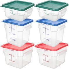 four plastic storage containers with measurements on the lids