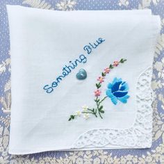 Blue Embroidered Wedding Handkerchief, Blue Embroidered Handkerchief For Wedding, Blue Embroidered Handkerchiefs For Wedding, Blue Embroidered Handkerchiefs For Gifts, Blue Embroidered Handkerchiefs As Gift, Blue Embroidered Handkerchief As Gift, Blue Cotton Handkerchiefs For Wedding, Vintage Blue Handkerchiefs With Floral Embroidery, Blue Vintage Handkerchiefs With Floral Embroidery