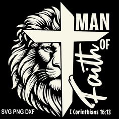 a lion with a cross on it and the words man of christ written in white