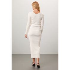 Off-white knit (48% Viscose, 27% Polyamide, 20% Polyester, 5% Wool). Sweater sheath. Long sleeves. V-neck. Pull on. 52" from shoulder to hemline. Imported. White Bodycon Midi Sweater Dress, White Bodycon Midi Length Sweater Dress, White Bodycon Sweater Dress Midi Length, Cream Fitted V-neck Sweater Dress, White V-neck Sweater Dress, Elegant White Ribbed Bodycon Dress, Fitted White Sweater Dress For Work, White Fitted Sweater Dress For Work, White V-neck Midi Dress For Fall