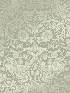 an old wallpaper pattern with flowers and birds on the side, in light green