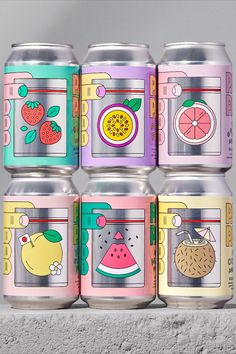 four cans of soda with different designs on them