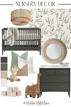 a nursery room with green, white and beige decor on the wall next to a crib