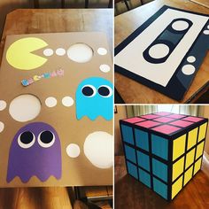 three pictures of different shapes and sizes of rubik cubes with eyes, nose, mouth