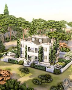 an artist's rendering of a large white house in the middle of trees and bushes