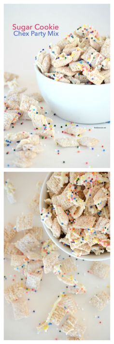 sugar cookie chex party mix in a white bowl