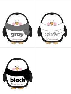 four different images of penguins with black and white text on their chest, one penguin wearing a