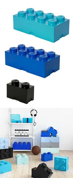 legos are stacked on top of each other in different colors and sizes, including blue