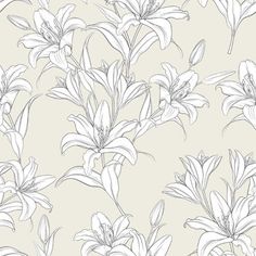 a drawing of lilies on a beige background with white outline art and flowers in the center