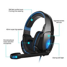 an image of a gaming headset with blue lights on the side and instructions for how to use it