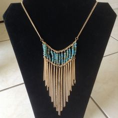 New Blue Beaded Gold Fringe Statement Necklace From Charlotte Russe