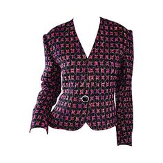 Beautiful vintage 90s Jaeger 'Fantasy Tweed' metallic multi-colored fitted blazer! Wonderful checkered print in purple, pink and black! Large single black opal button at waist, with hidden hook-and-eye below bust. Extremely versatile: Looks great with jeans and a tee, or perfect with a pencil skirt or trousers. Fully lined. In great condition Made in Great Britain Approximately Size Medium Measurements: 38 inch bust 32 inch waist Pink Fitted Tweed Jacket For Formal Occasions, Fitted Pink Tweed Jacket For Formal Occasions, Multicolor Fitted Designer Blazer, Fitted Designer Multicolor Blazer, Colorful Blazers, Red Plaid Coat, Denim Biker Jacket, Printed Denim Jacket, Fur Leather Jacket