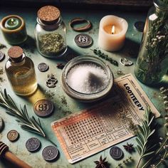 an assortment of different items on a table with candles, money and other things around it