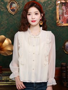 Size: XL Casual Chiffon Blouse, Long Sleeve Chiffon Shirt, Chiffon Shirt Blouse, Accessories Making, Patchwork Shirt, Tulle Sleeves, Lunch Date, Satin Shirt, Chiffon Long Sleeve