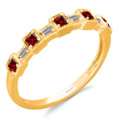 This one-of-a-kind ruby and diamond ring set in 14k yellow gold is a brilliant design from our LEGENDARY collection. This ring features 0.30 CTW of rubies and diamonds. The LEGENDARY collection showcases our iconic signature style, a family trademarked design defined by an alternating pattern of princess cut and baguette diamonds. Metal: 14k Gold Metal Color: Yellow Gold Stones: Baguette White Diamonds 0.05 CTW Square Rubies 0.25 CTW Diamond Evil Eye Bracelet, Hamsa Ring, Rubies And Diamonds, Hamsa Earrings, Ruby And Diamond Ring, Diamond Evil Eye, Diamond Ring Set, Hamsa Pendant, Tanzanite Diamond