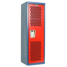 a red and blue metal locker with the door open to show it's interior