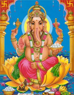 the god ganesha is sitting on top of a lotus flower and surrounded by other items