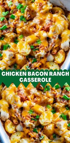 chicken bacon ranch casserole in a white dish