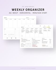 the weekly organizer is shown in two different sections, with text overlaying it