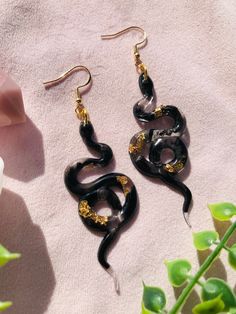 Black and Gold Snake Earrings without Scales, Serpent Earrings, Witchy Earrings, Statement Earrings, Dangle Earrings, Snake Jewelry Gold Snake Earrings For Party, Black Snake Earrings, Handmade Gold Snake Earrings, Snake-shaped Earrings For Gifts, Serpent Earrings, Gold Snake Earrings, Luxury Elegant Snake-shaped Earrings, Witchy Earrings, Earrings Snake