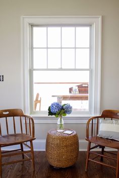 two chairs and a table in front of a window with a vase on the floor