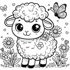 a sheep with flowers and butterflies in the background