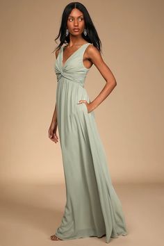 Formal Dresses | Sexy Women's Formal Gowns at Lulus Flattering Bridesmaid Dresses, Sage Green Maxi Dress, Sage Brush, Velvet Bridesmaid Dresses, Twist Front Dress, Sage Dress, Full Maxi Skirt, Perfect Bridesmaid Dress, Bridesmaid Dressing Gowns