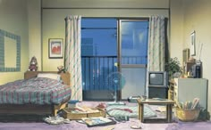 a painting of a bedroom with a bed, television and other items on the floor