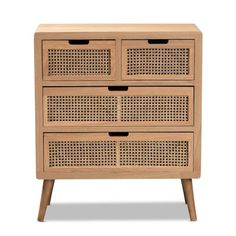 a wooden cabinet with three drawers and wicker doors on the bottom, in front of a white background