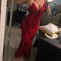 Unworn Fashion Nova Ruffle Gown, Flattering Fit Red Ruffled Maxi Dress For Party, Elegant Red Maxi Dress With Ruffle Hem, Red Ruffled Floor-length Maxi Dress, Red V-neck Maxi Dress With Ruffle Hem, Red Ruffled Maxi Dress For Evening, Red Ruffled Maxi Dress For Prom, Ruffle Gown, Red Maxi, Fashion Nova Dress