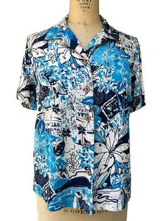 "Karen Scott Sport Womens Hawaiian Shirt Top Blue Floral M Size Medium Tropical Hibiscus Print Collared  Short Sleeve 100% Rayon Casual Vacation Wear Measurements Chest 40\" Waist 40\" Length 23\" Shoulder to Shoulder 15\"" Womens Hawaiian Shirt, Hibiscus Print, Hawaiian Shirt Women, Tropical Hibiscus, Vacation Wear, Pretty Fabric, Karen Scott, Top Floral, Vintage Shop