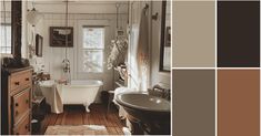 an old fashioned bathroom with wood flooring and white fixtures, including a claw foot tub