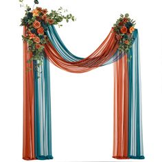 an orange and blue wedding arch with flowers on it's sides, hanging in front of a white background