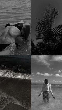 black and white photos of people in the water, one woman swimming on her stomach