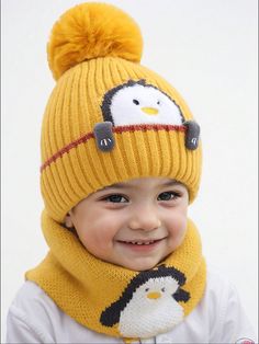 2pcs/Set Children's Plush Hat, Baby's Thick Woolen Hat For Warmth, Winter Knitted Hat Scarf, Penguin Cartoon Design, Suitable For Daily Wear, Ideal Choice For Gifts Multicolor Cute     Knit Hat   Kids Accessories, size features are:Bust: ,Length: ,Sleeve Length: Playful Warm Bonnet Cap, Cute Yellow Winter Hat, Playful Hats For Cold Weather, Playful Winter Bonnet Cap, Warm Playful Cap Beanie, Playful Yellow Winter Hat, Winter Hats For Playtime, Playful Warm Hat For Playtime, Cute Winter Crochet Hat In Acrylic