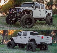 two pictures side by side of a white truck and the same one with black tires