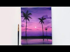 a painting of two palm trees with the sun setting in the background and water reflecting it's surface