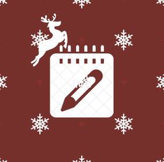 a red and white christmas background with snowflakes, santa's sleigh and pencil