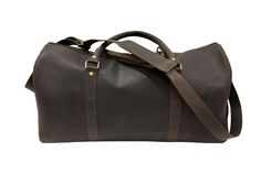 a large brown leather duffel bag on a white background with the strap down to it's side