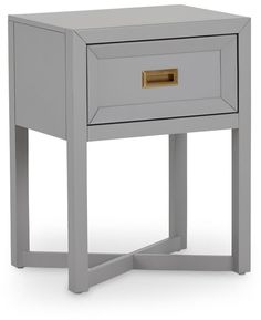 a small grey table with a gold drawer on the bottom and one drawer at the top